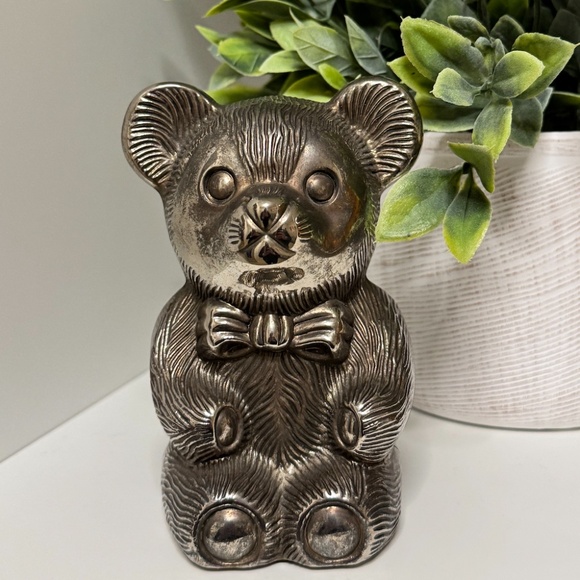 Silver/Brass-Tone Teddy Bear Bank 5" tall, Eclectic / Whimsigoth Display Décor - Picture 1 of 9